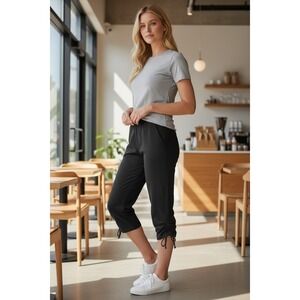 Xersion Yoga Pants Womens Large Black Cropped Capri Drawstring Hem Stretch